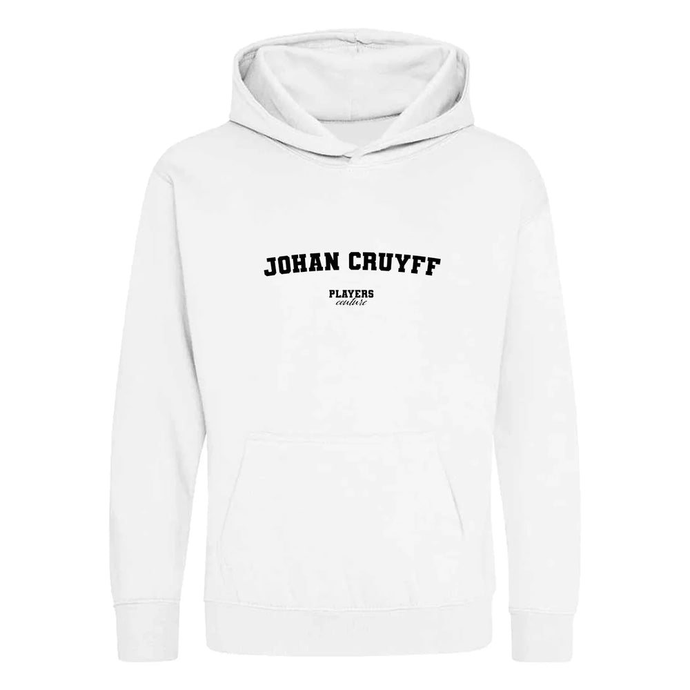 Johan Cruyff hoodie – white kids' hoodie with black Johan Cruyff letters and Players Couture logo on the chest