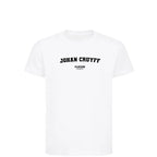Johan Cruyff t-shirt – white kids' t-shirt with black Johan Cruyff letters and Players Couture logo on the chest