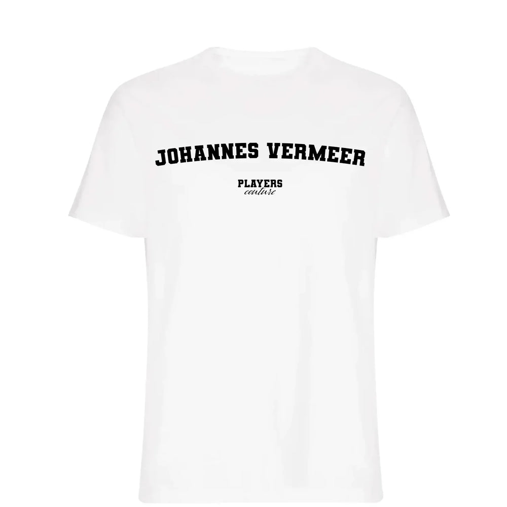 Johannes Vermeer t-shirt – white men's t-shirt with black Johannes Vermeer letters and Players Couture logo on the chest