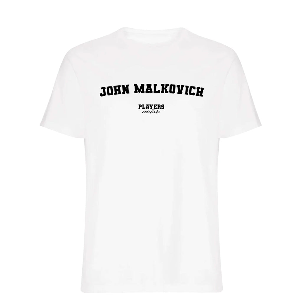 John Malkovich men's T-shirt in white with bold name lettering