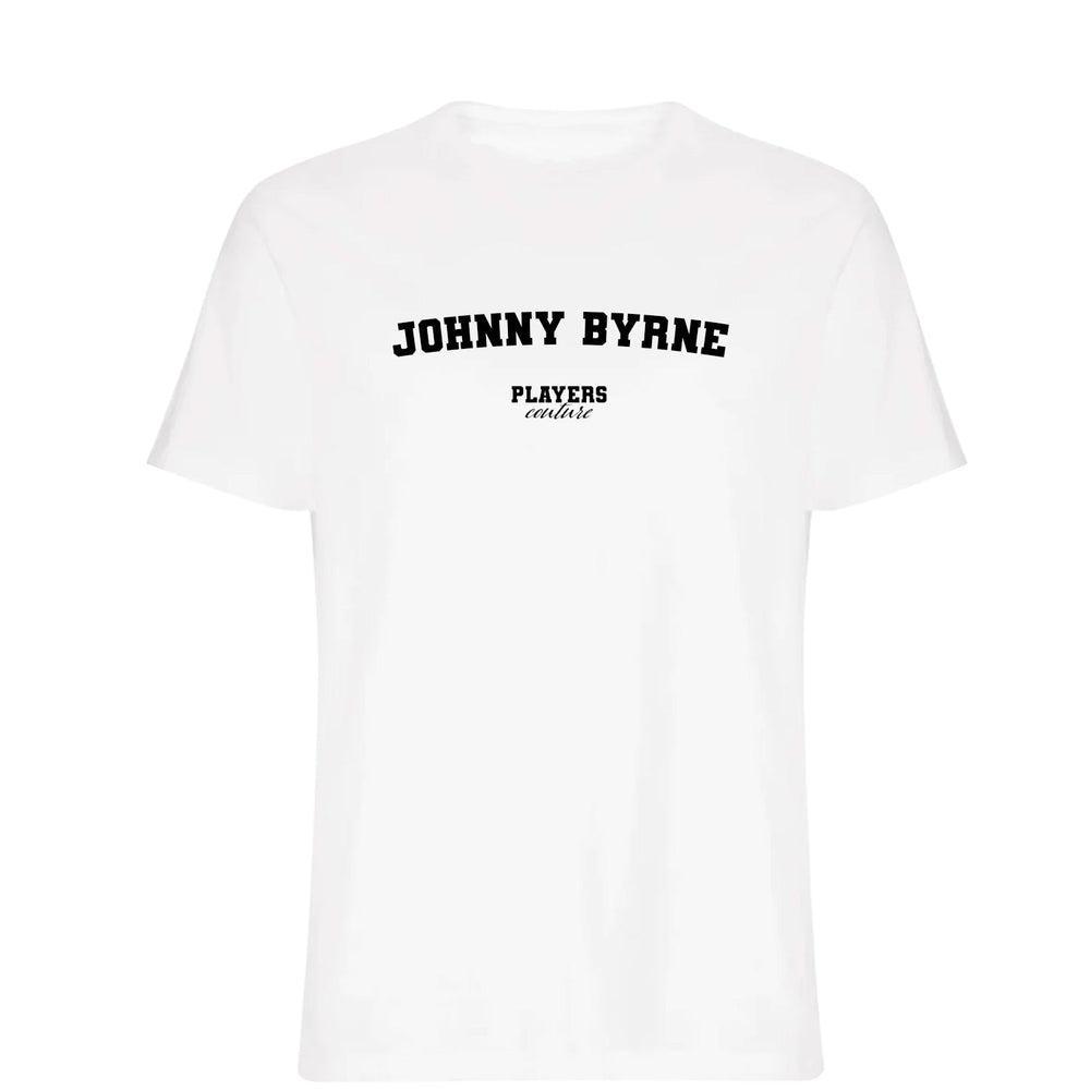 Johnny Byrne men's T-shirt in white with bold name lettering