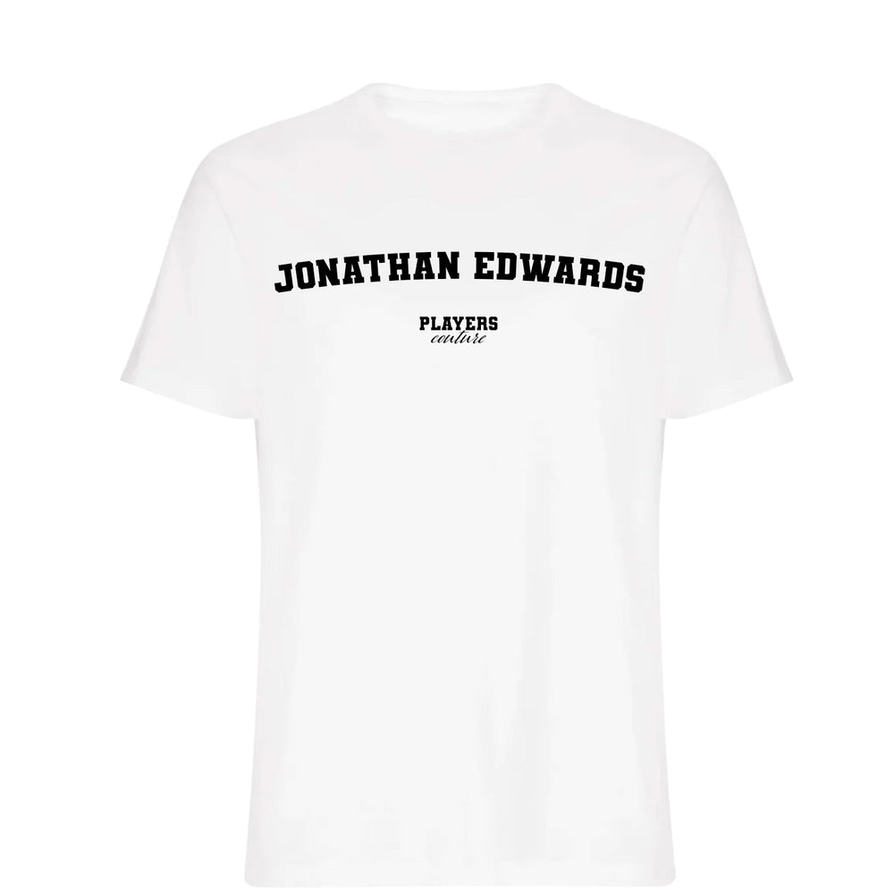 Jonathan Edwards men's T-shirt in white with bold name lettering