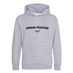Jordan Pickford hoodie – grey kids' hoodie with black Jordan Pickford letters and Players Couture logo on the chest
