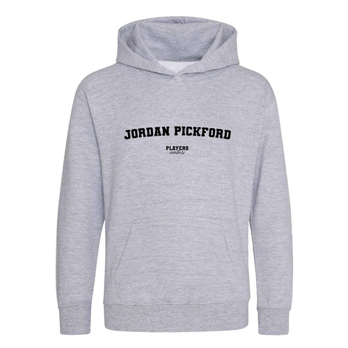 Jordan Pickford hoodie – grey kids' hoodie with black Jordan Pickford letters and Players Couture logo on the chest