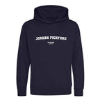 Jordan Pickford hoodie – navy kids' hoodie with white Jordan Pickford letters and Players Couture logo on the chest