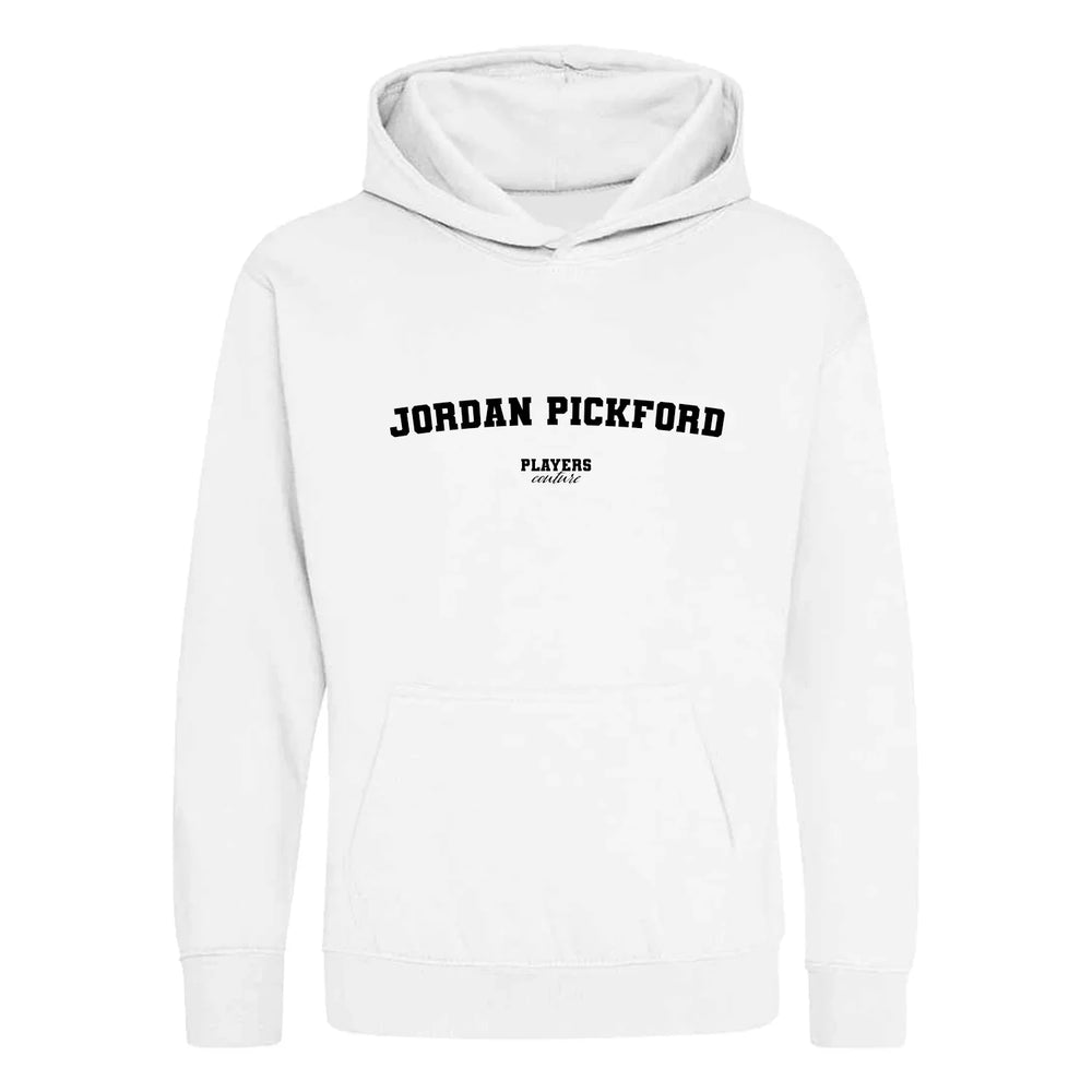 Jordan Pickford hoodie – white kids' hoodie with black Jordan Pickford letters and Players Couture logo on the chest