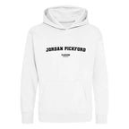 Jordan Pickford hoodie – white kids' hoodie with black Jordan Pickford letters and Players Couture logo on the chest