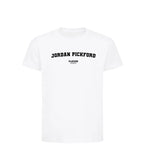 Jordan Pickford t-shirt – white kids' t-shirt with black Jordan Pickford letters and Players Couture logo on the chest