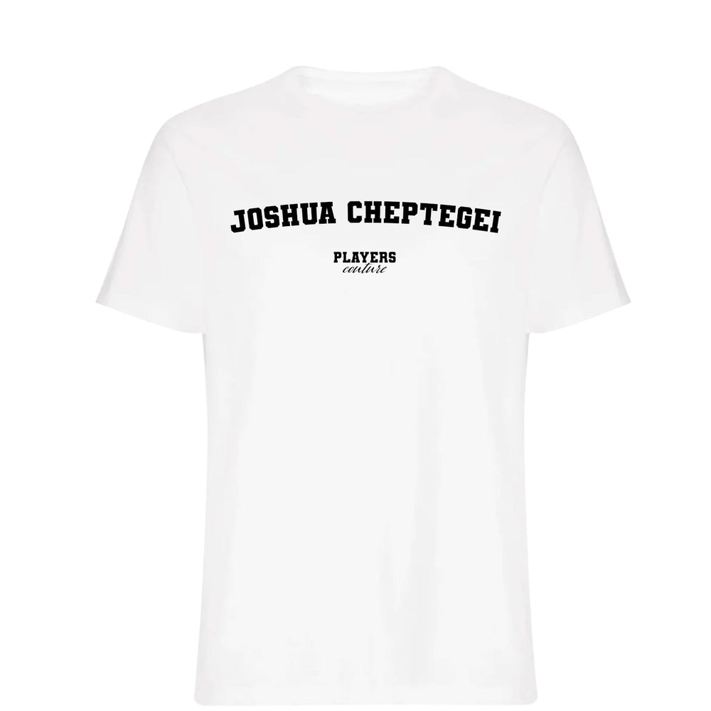 Joshua Cheptegei men's T-shirt in white with bold name lettering