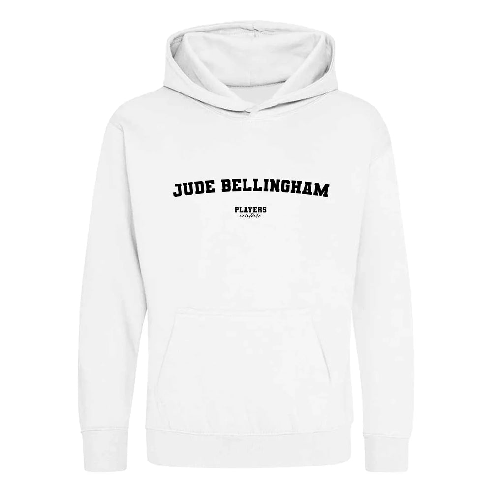 Jude Bellingham hoodie – white kids' hoodie with black Jude Bellingham letters and Players Couture logo on the chest