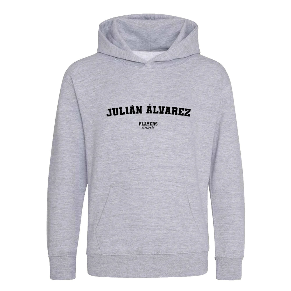 Julián Álvarez hoodie – grey kids' hoodie with black Julián Álvarez letters and Players Couture logo on the chest