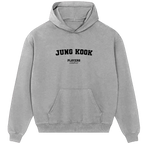 Jung Kook hoodie – grey men's hoodie with black Jung Kook letters and Players Couture logo on the chest