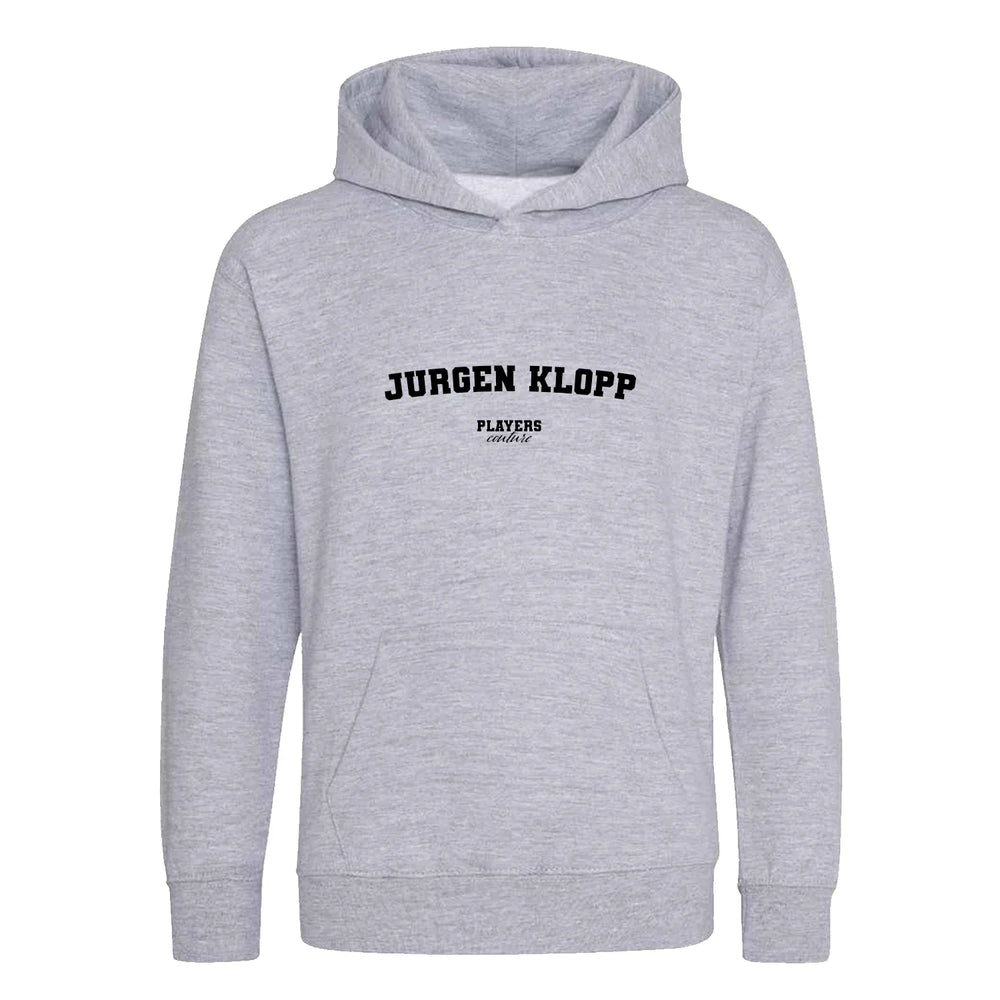 Jurgen Klopp hoodie – grey kids' hoodie with black Jurgen Klopp letters and Players Couture logo on the chest