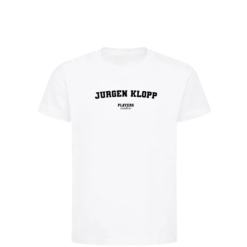 Jurgen Klopp t-shirt – white kids' t-shirt with black Jurgen Klopp letters and Players Couture logo on the chest