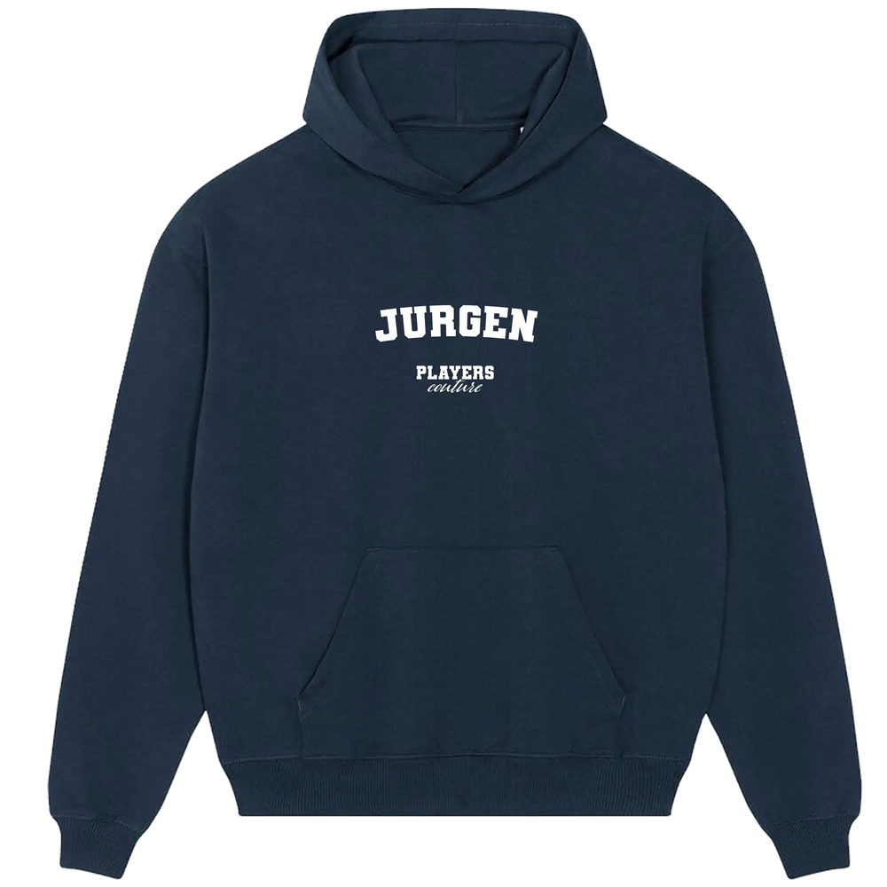 Navy blue Players Couture men's hoodie with 'Jurgen' text and front pocket.
