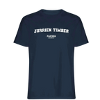 Jurrien Timber t-shirt – navy men's t-shirt with white Jurrien Timber letters and Players Couture logo on the chest