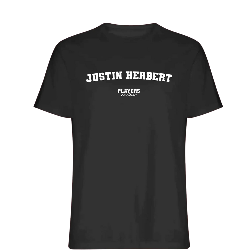 Justin Herbert t-shirt – black men's t-shirt with white Justin Herbert letters and Players Couture logo on the chest