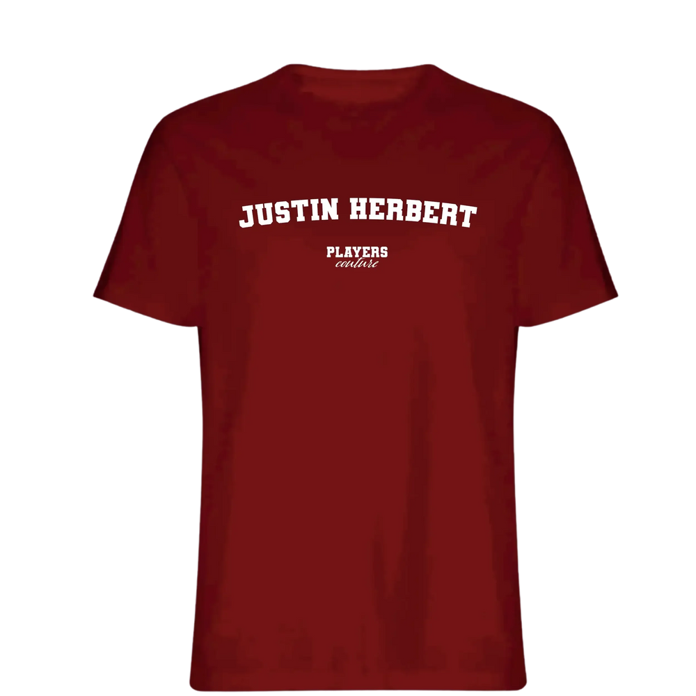 Justin Herbert t-shirt – red men's t-shirt with white Justin Herbert letters and Players Couture logo on the chest