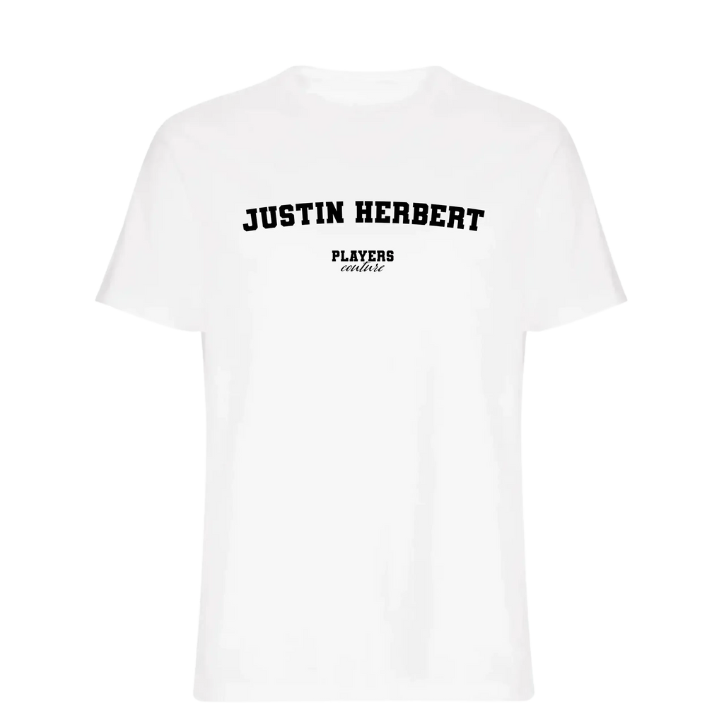 Justin Herbert t-shirt – white men's t-shirt with black Justin Herbert letters and Players Couture logo on the chest