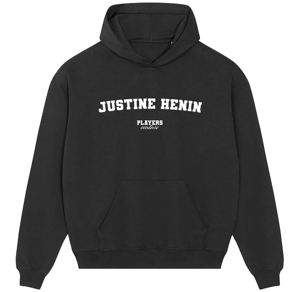 Justine Henin hoodie – black men's hoodie with white Justine Henin letters and Players Couture logo on the chest