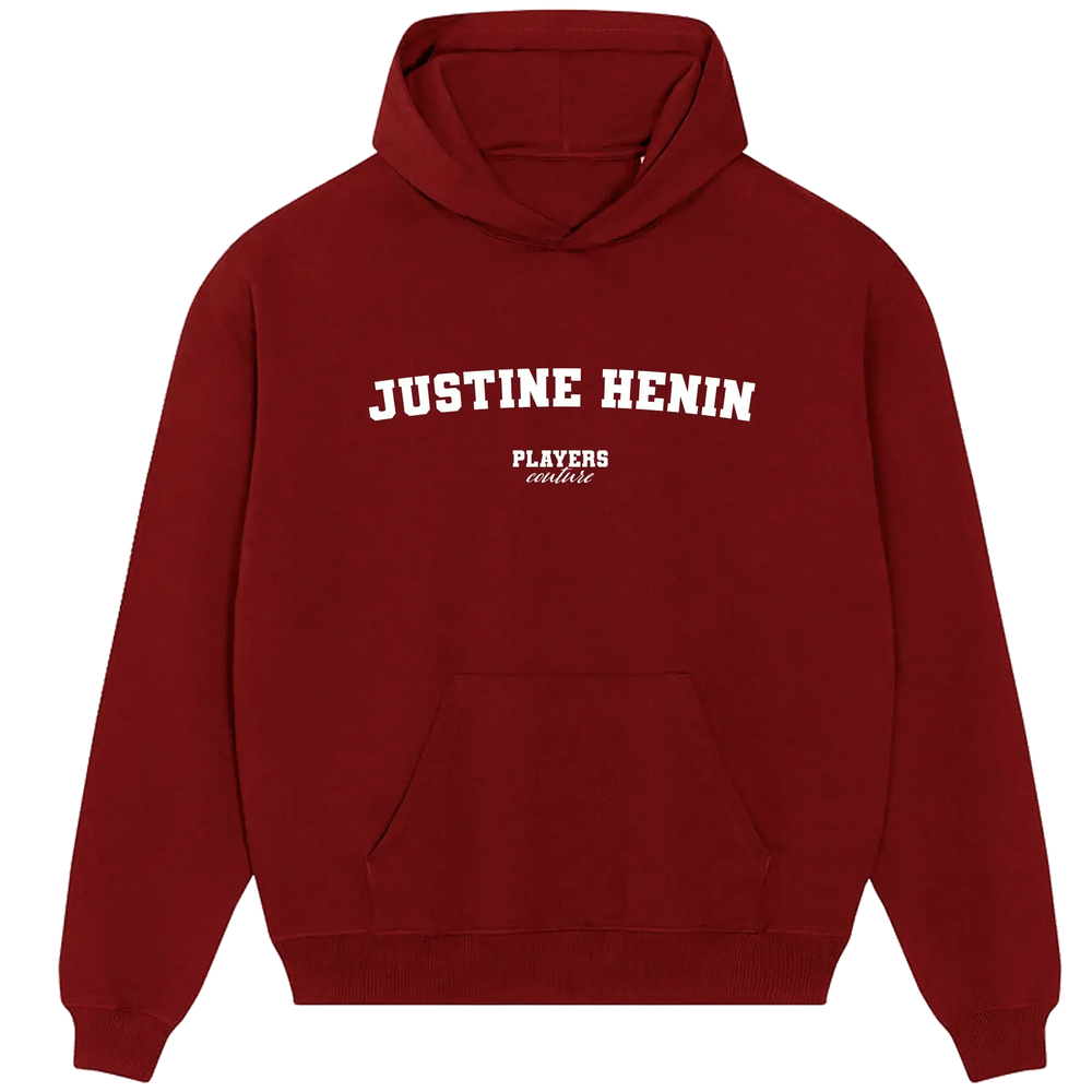 Justine Henin hoodie – red men's hoodie with white Justine Henin letters and Players Couture logo on the chest