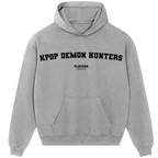 Kpop Demon Hunters hoodie – grey men's hoodie with black Kpop Demon Hunters letters and Players Couture logo on the chest