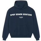 Kpop Demon Hunters hoodie – navy men's hoodie with white Kpop Demon Hunters letters and Players Couture logo on the chest