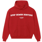 Kpop Demon Hunters hoodie – red men's hoodie with white Kpop Demon Hunters letters and Players Couture logo on the chest