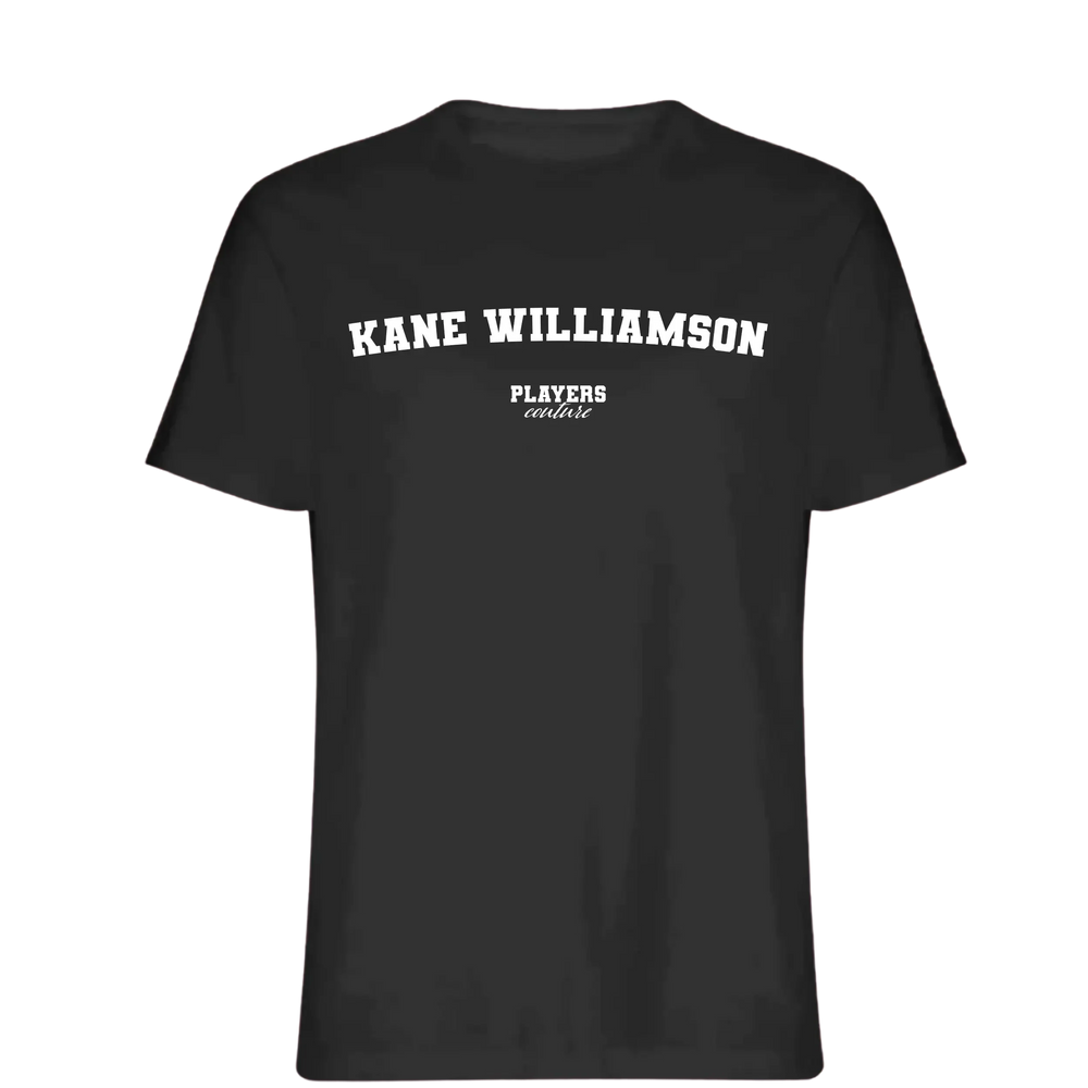 Kane Williamson t-shirt – black men's t-shirt with white Kane Williamson letters and Players Couture logo on the chest