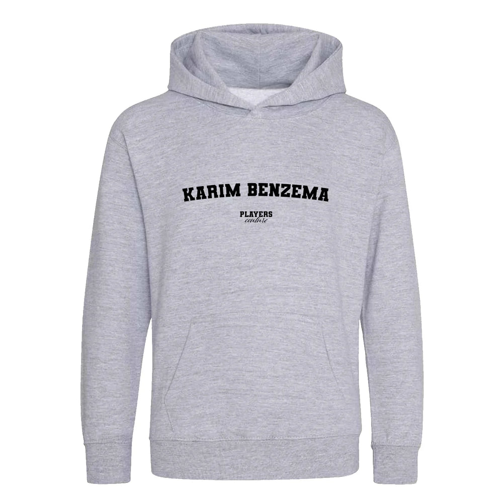 Karim Benzema hoodie – grey kids' hoodie with black Karim Benzema letters and Players Couture logo on the chest