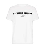 Katharine Hepburn men's T-shirt in white with bold name lettering