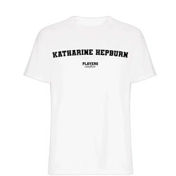 Katharine Hepburn men's T-shirt in white with bold name lettering