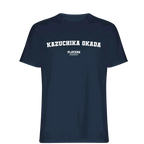 Kazuchika Okada t-shirt – navy men's t-shirt with white Kazuchika Okada letters and Players Couture logo on the chest