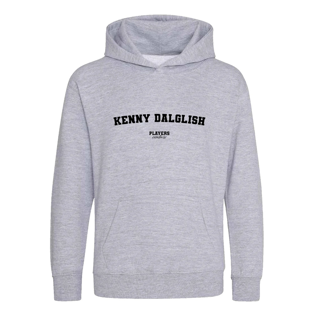 Kenny Dalglish hoodie – grey kids' hoodie with black Kenny Dalglish letters and Players Couture logo on the chest