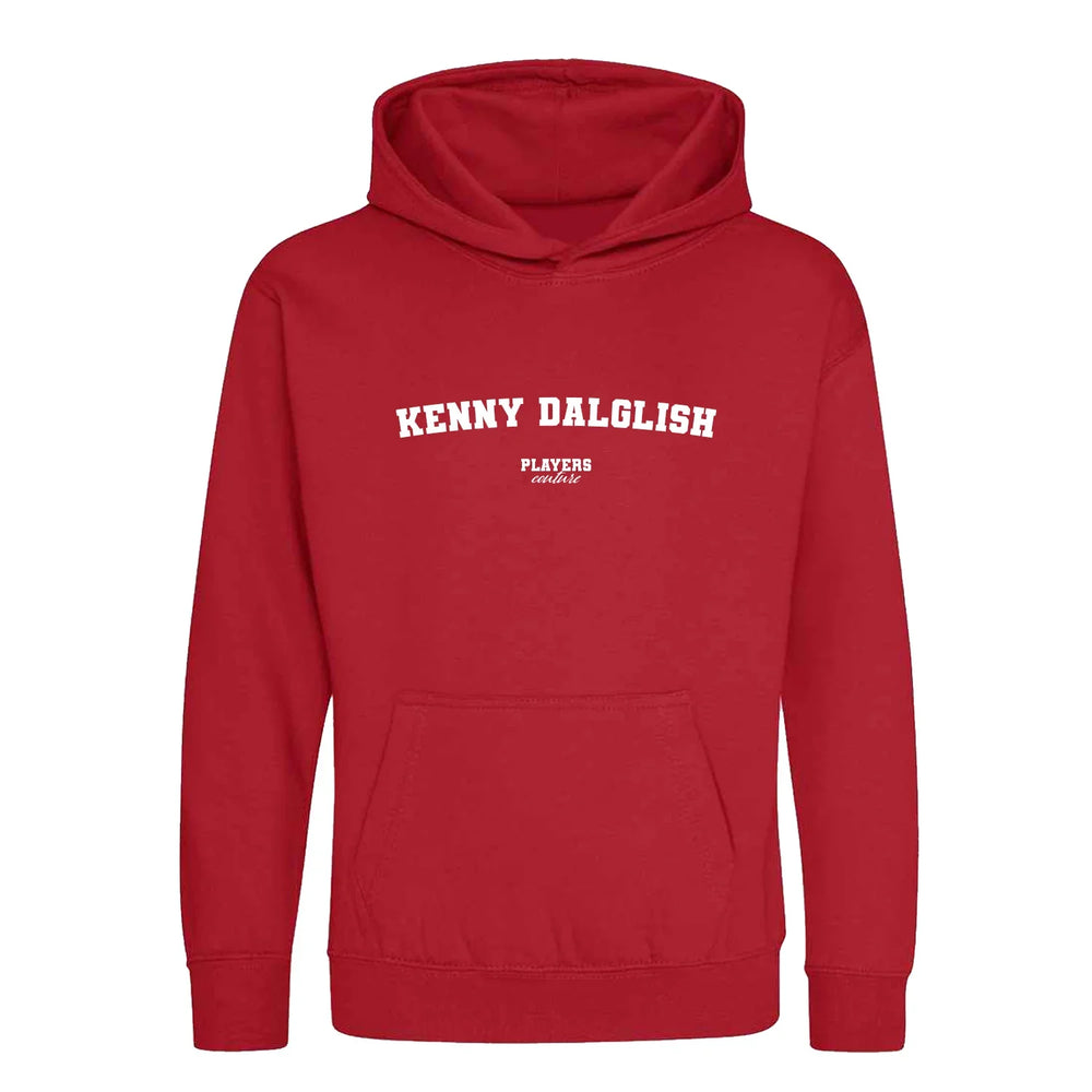 Kenny Dalglish hoodie – red kids' hoodie with white Kenny Dalglish letters and Players Couture logo on the chest