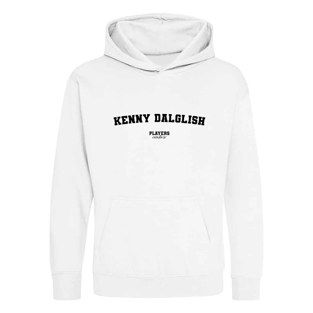 Kenny Dalglish hoodie – white kids' hoodie with black Kenny Dalglish letters and Players Couture logo on the chest