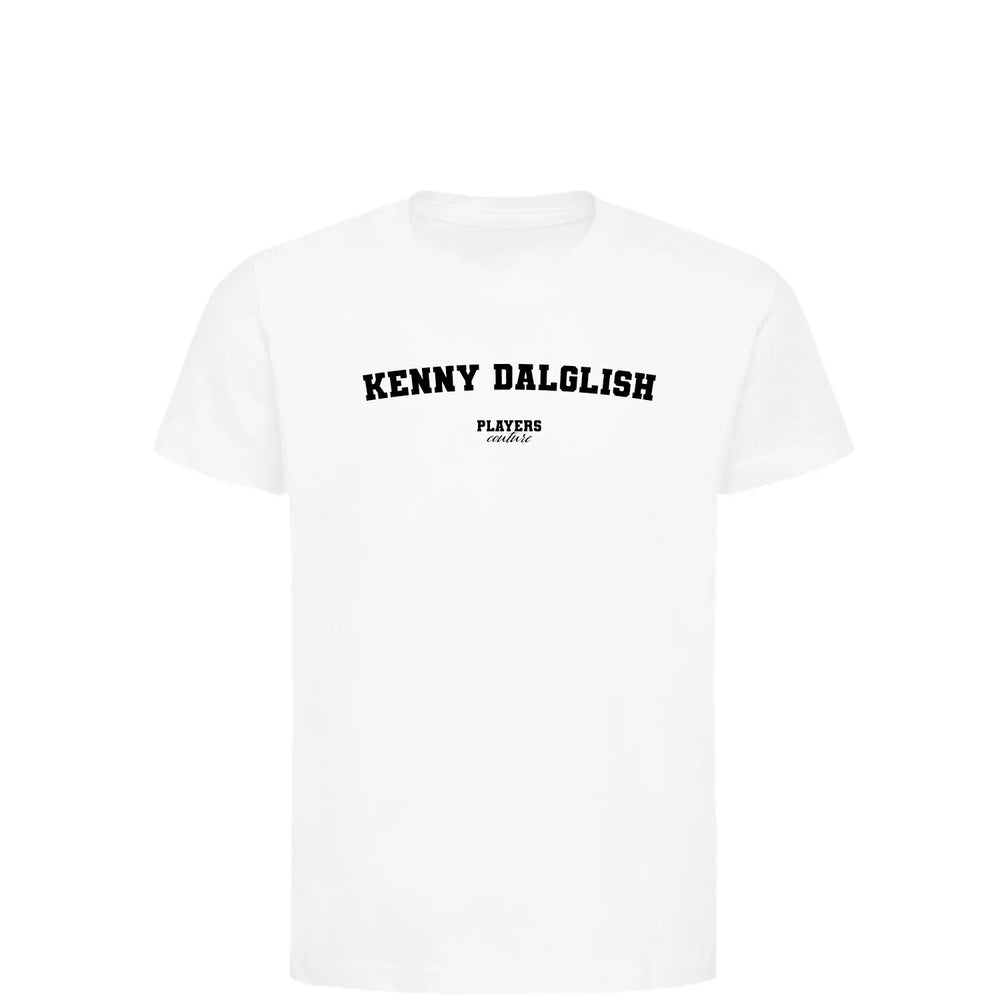 Kenny Dalglish t-shirt – white kids' t-shirt with black Kenny Dalglish letters and Players Couture logo on the chest