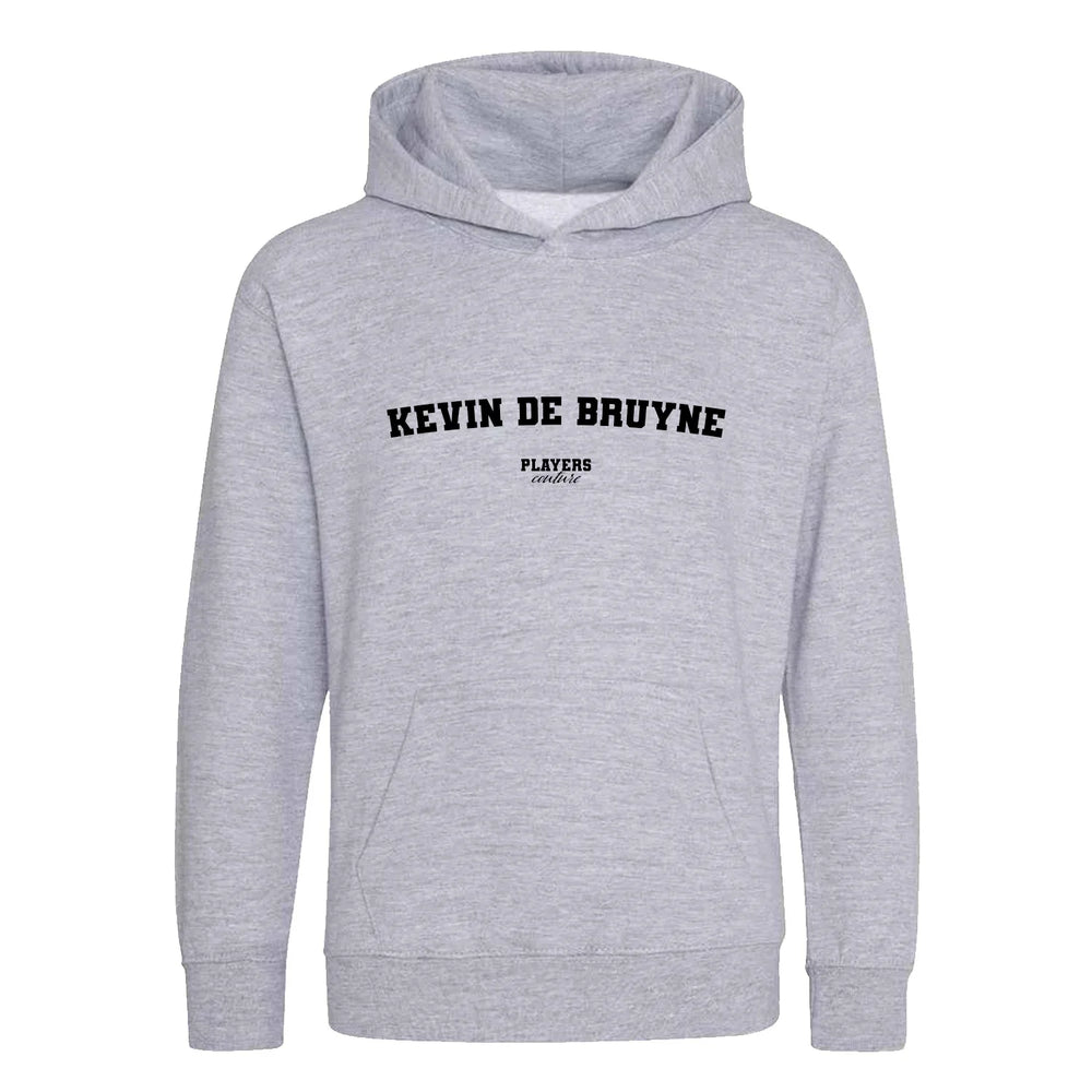 Kevin De Bruyne hoodie – grey kids' hoodie with black Kevin De Bruyne letters and Players Couture logo on the chest