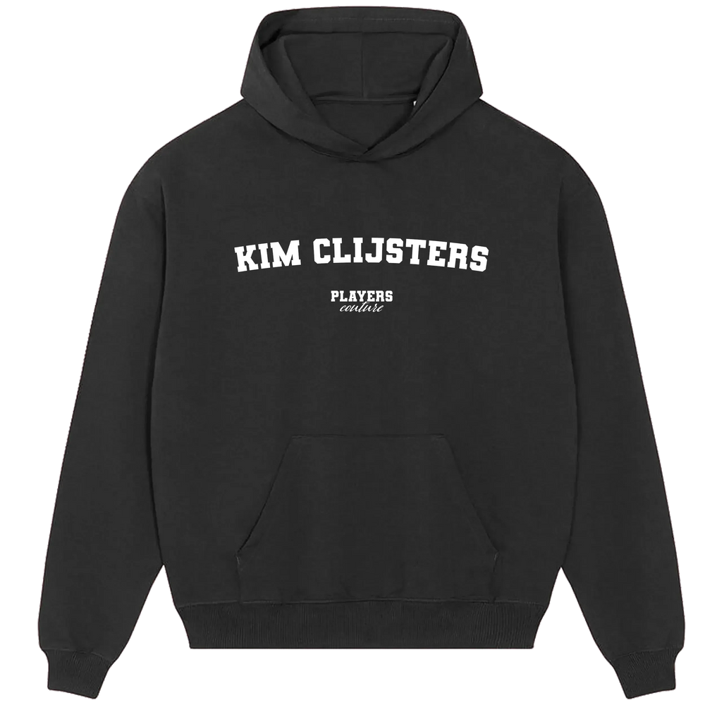 Kim Clijsters hoodie – black men's hoodie with white Kim Clijsters letters and Players Couture logo on the chest