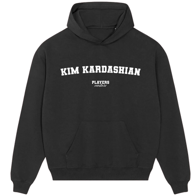 Kim Kardashian hoodie – black men's hoodie with white Kim Kardashian letters and Players Couture logo on the chest