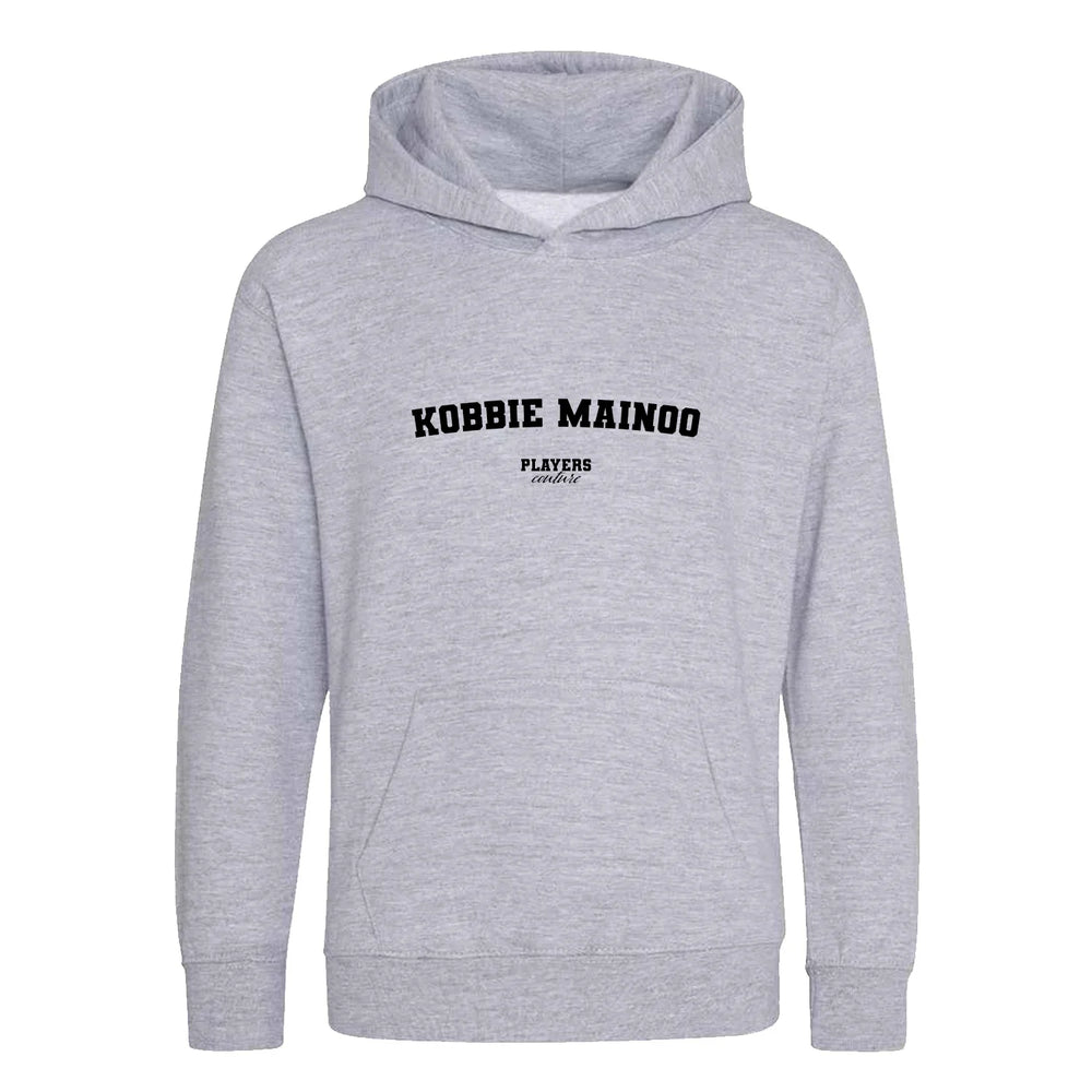Kobbie Mainoo hoodie – grey kids' hoodie with black Kobbie Mainoo letters and Players Couture logo on the chest