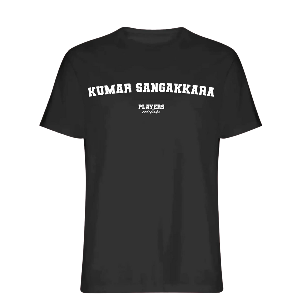 Kumar Sangakkara t-shirt – black men's t-shirt with white Kumar Sangakkara letters and Players Couture logo on the chest
