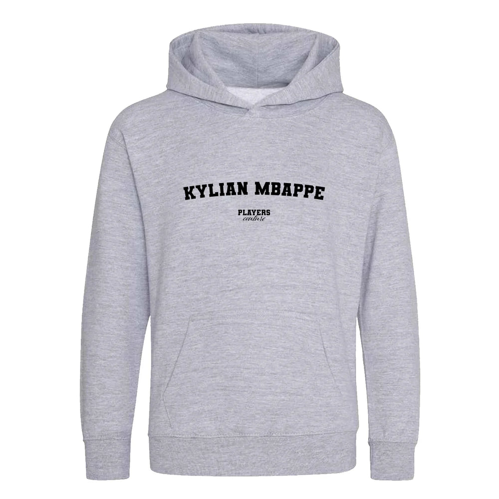 Kylian Mbappe hoodie – grey kids' hoodie with black Kylian Mbappe letters and Players Couture logo on the chest