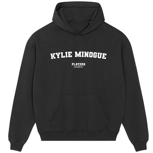 Kylie Minogue hoodie – black men's hoodie with white Kylie Minogue letters and Players Couture logo on the chest