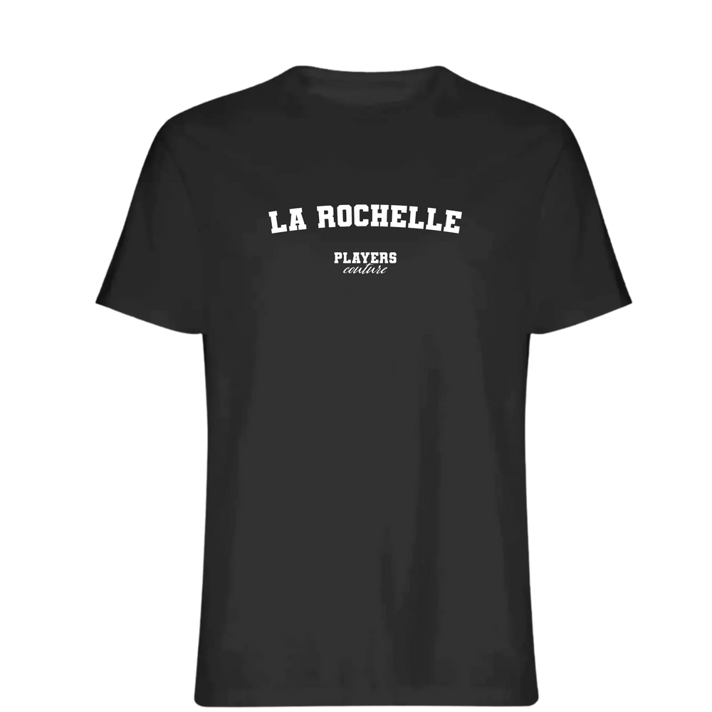 La Rochelle t-shirt – black men's t-shirt with white La Rochelle letters and Players Couture logo on the chest