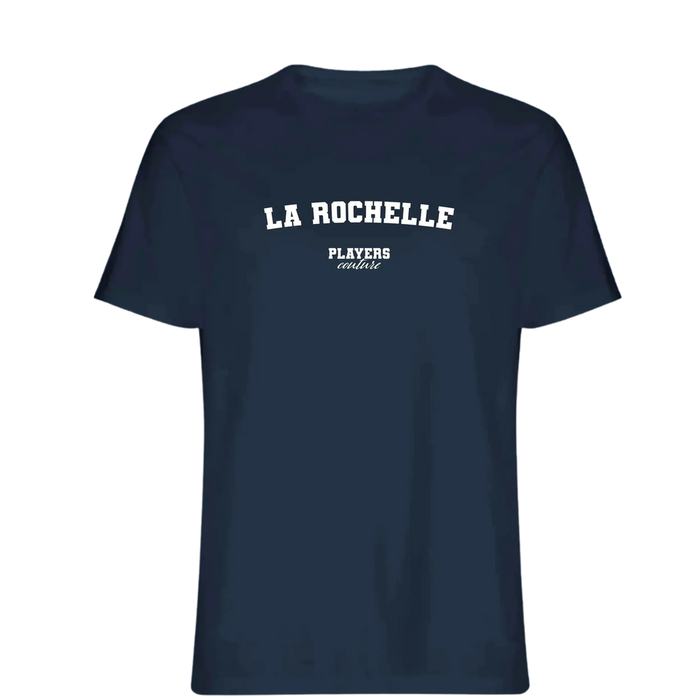 La Rochelle t-shirt – navy men's t-shirt with white La Rochelle letters and Players Couture logo on the chest