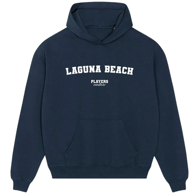 Laguna Beach hoodie – navy men's hoodie with white Laguna Beach letters and Players Couture logo on the chest
