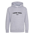 Lamine Yamal hoodie – grey kids' hoodie with black Lamine Yamal letters and Players Couture logo on the chest