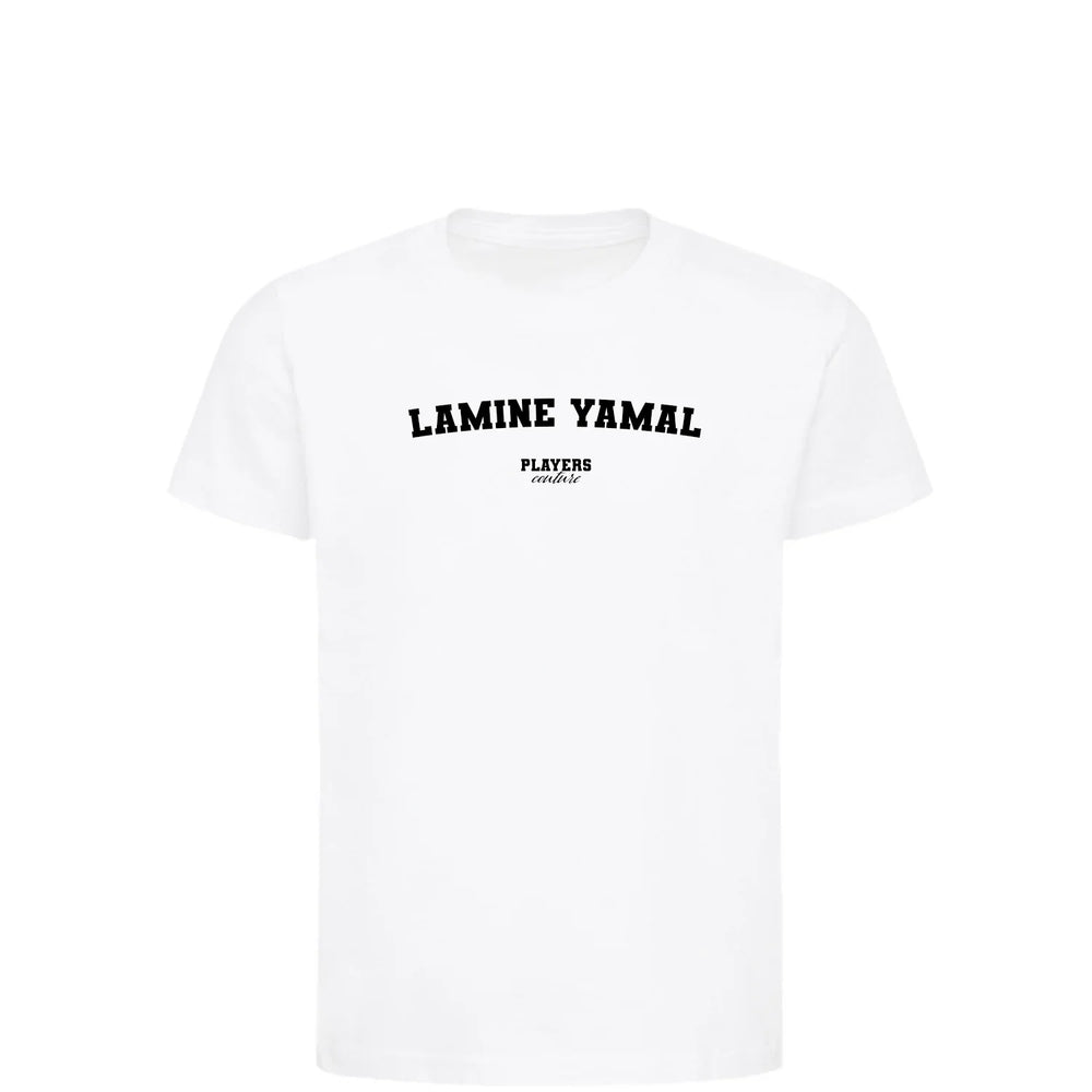 Lamine Yamal t-shirt – white kids' t-shirt with black Lamine Yamal letters and Players Couture logo on the chest