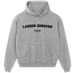 Landon Donovan hoodie – grey men's hoodie with black Landon Donovan letters and Players Couture logo on the chest